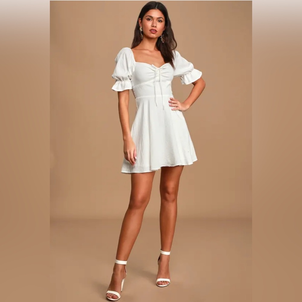 Lulu's White Puff Sleeve Ruffled Sundress